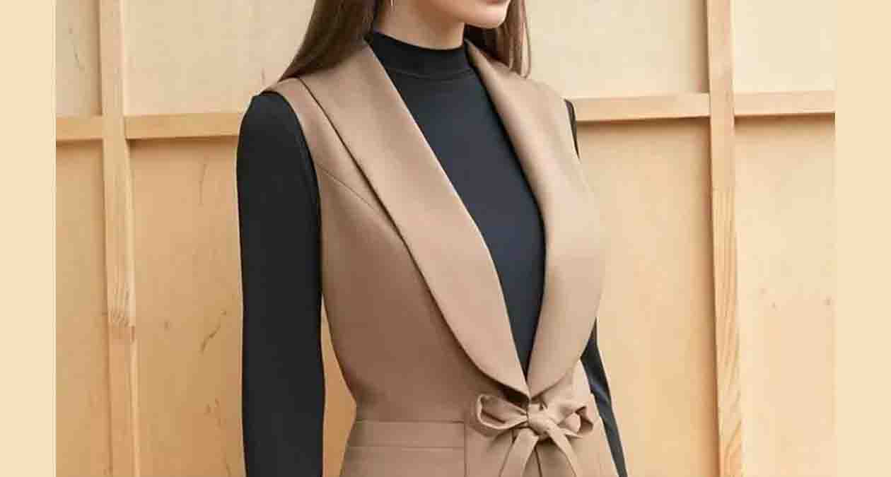 دختری با کت یقه آرشال به رنگ نسکافهای